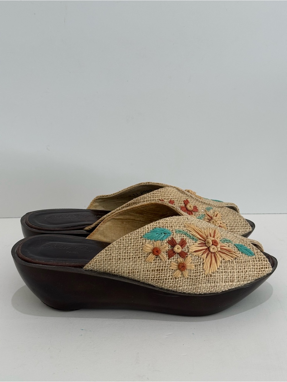 Robert Clergerie Woven Raffia Floral Mules w/Brown Platform Wedge - 7.5